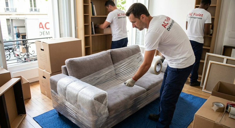 Déménageurs professionnels Villefranche sur Saône emballant soigneusement votre canapé pour garantir une protection optimale lors de votre prochain déménagement.