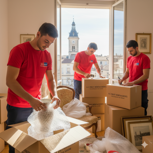 Préparation et emballage soigné d'objets fragiles par les experts AC FIOLET DÉMÉNAGEMENTS à Bourgoin-Jallieu.